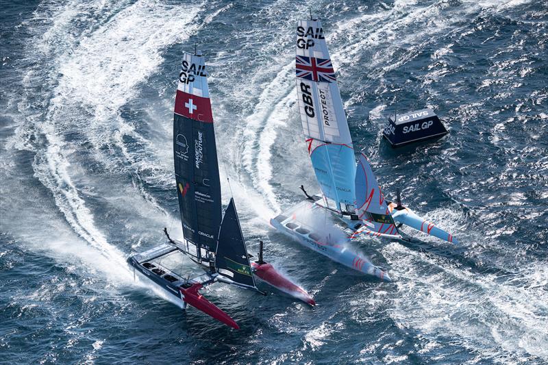 Switzerland SailGP Team helmed by Nathan Outteridge and Great Britain SailGP Team helmed by Ben Ainslie on Race Day 1 of the Range Rover France Sail Grand Prix in Saint Tropez, France photo copyright Jon Buckle for SailGP taken at  and featuring the F50 class