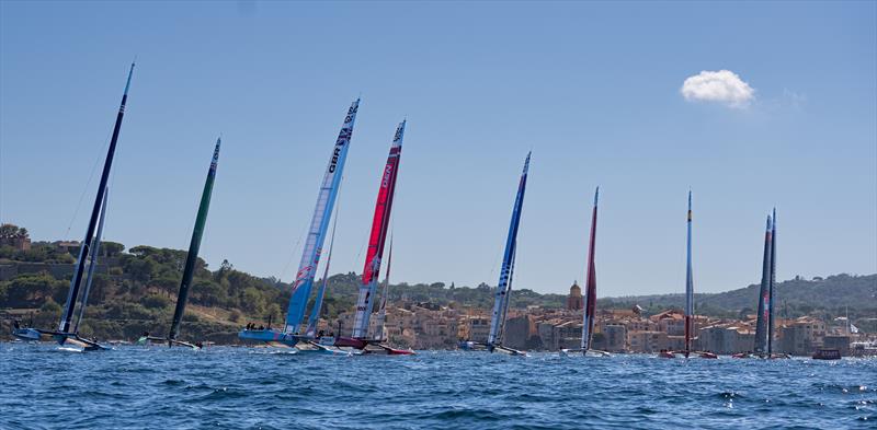 The SailGP F50 catamaran fleet in action on Race Day 2 of the Range Rover France Sail Grand Prix in Saint Tropez, France - photo © Bob Martin/SailGP