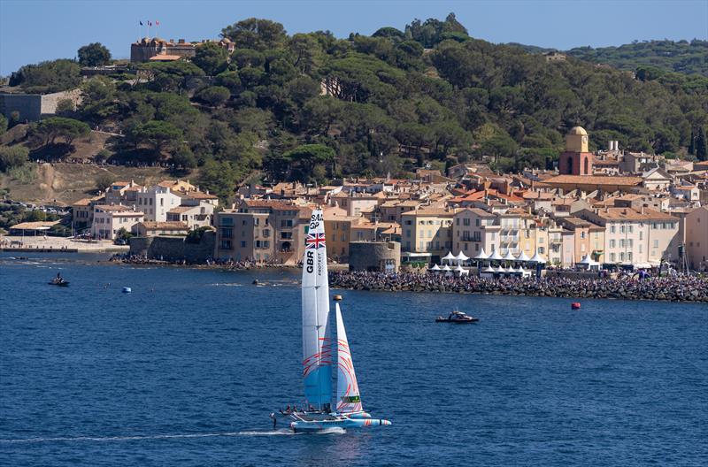 Great Britain SailGP Team sail past the Old Town and Bell Tower of Saint Tropez on Race Day 2 of the Range Rover France Sail Grand Prix in Saint Tropez - photo © David Gray/SailGP