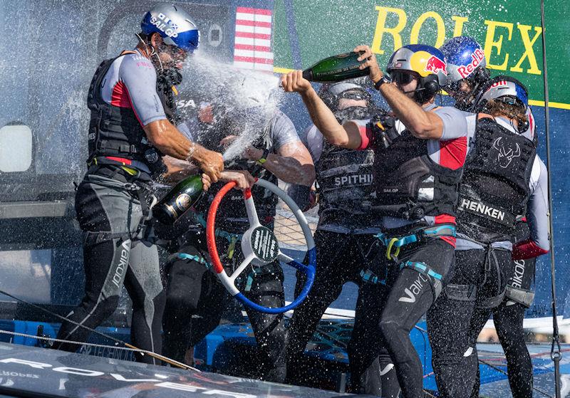USA SailGP Team helmed by Jimmy Spithill and crew celebrate with Champagne Barons de Rothschild on Race Day 2 of the Range Rover France Sail Grand Prix in Saint Tropez, France - photo © Bob Martin for SailGP