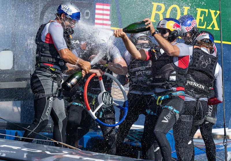 USA SailGP Team helmed by Jimmy Spithill and crew celebrate with Champagne Barons de Rothschild on Race Day 2 of the Range Rover France Sail Grand Prix in Saint Tropez, France photo copyright Bob Martin for SailGP taken at  and featuring the F50 class