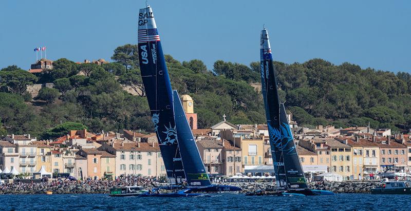 USA SailGP Team helmed by Jimmy Spithill and New Zealand SailGP Team helmed by Peter Burling sail past the Old Town and Bell Tower of Saint Tropez on Race Day 2 of the Range Rover France Sail Grand Prix in Saint Tropez, France - photo © Bob Martin for SailGP