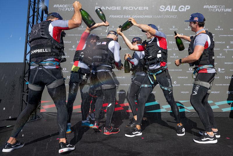 Jimmy Spithill, CEO & driver of USA SailGP Team, and his crew, celebrate with Champagne Barons de Rothschild after winning the Range Rover France Sail Grand Prix in Saint Tropez, France photo copyright Jon Buckle for SailGP taken at  and featuring the F50 class