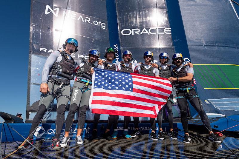 Jimmy Spithill, CEO & driver of USA SailGP Team, and his crew celebrate onboard their F50 catamaran after winning the Range Rover France Sail Grand Prix in Saint Tropez, France photo copyright Ricardo Pinto for SailGP taken at  and featuring the F50 class
