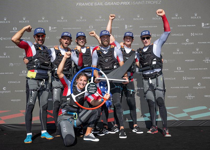 Jimmy Spithill, CEO & driver of USA SailGP Team, and his crew, celebrate winning the Range Rover France Sail Grand Prix in Saint Tropez, France - photo © Jon Buckle for SailGP