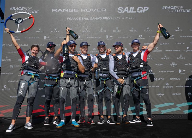 Jimmy Spithill, CEO & driver of USA SailGP Team, and his crew, celebrate winning the Range Rover France Sail Grand Prix in Saint Tropez, France - photo © Jon Buckle/SailGP