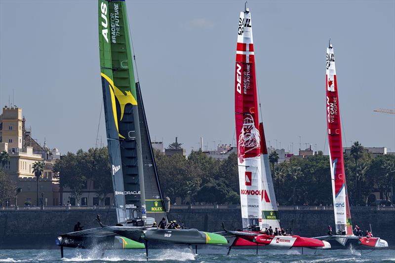 Australia SailGP Team helmed by Tom Slingsby, Denmark SailGP Team presented by ROCKWOOL helmed by Nicolai Sehested, and Canada SailGP Team helmed by Phil Robertson ahead of the Spain Sail Grand Prix in Cadiz, Andalusia, Spain. 23rd September - photo © Bob Martin for SailGP