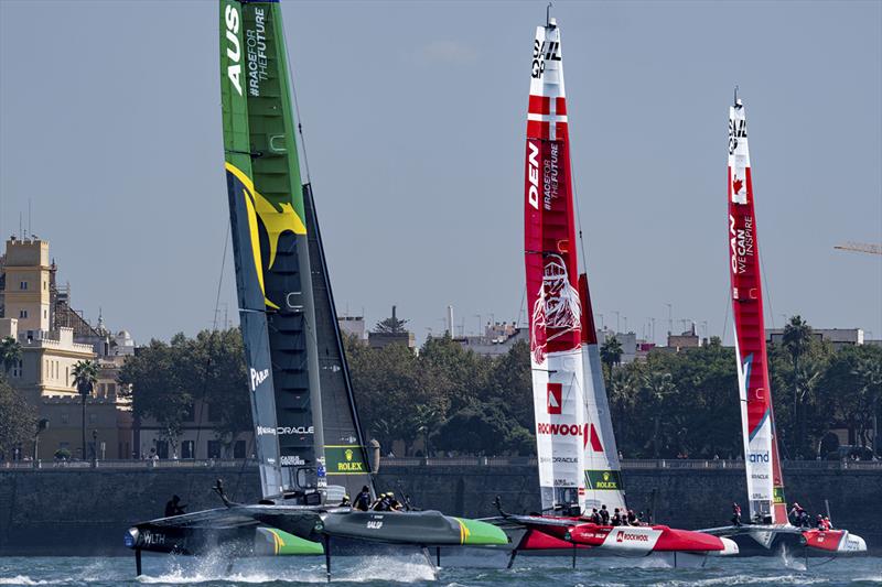 Australia SailGP Team helmed by Tom Slingsby, Denmark SailGP Team presented by ROCKWOOL helmed by Nicolai Sehested, and Canada SailGP Team helmed by Phil Robertson ahead of the Spain Sail Grand Prix in Cadiz, Andalusia, Spain. 23rd September photo copyright Bob Martin for SailGP taken at  and featuring the F50 class