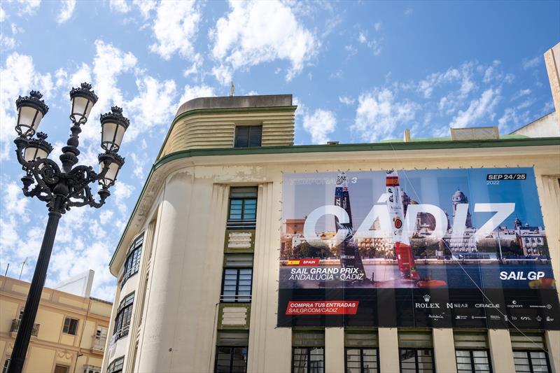 Spain Sail Grand Prix signage on display in the city centre ahead of the Spain Sail Grand Prix in Cadiz, Andalusia, Spain photo copyright Bob Martin/SailGP taken at Real Club Náutico de Cádiz and featuring the F50 class