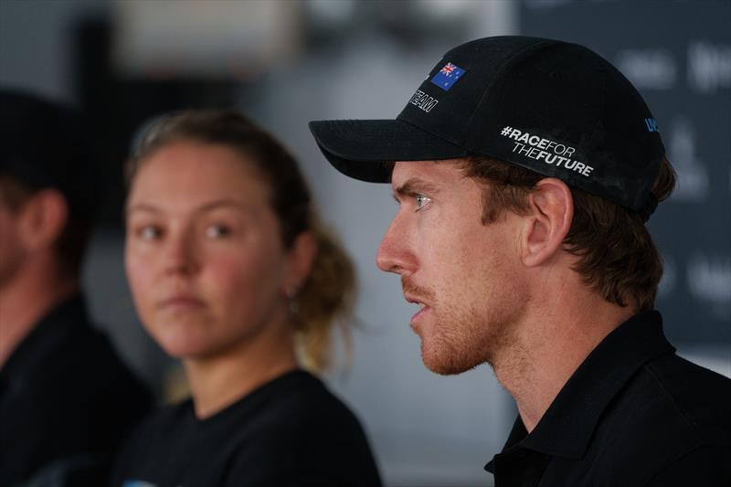 Peter Burling, sits alongside Liv Mackay, strategist of New Zealand SailGP Team, as they speak to the media in a press conference ahead of the Spain Sail Grand Prix in Cadiz, Andalusia, Spain - photo © Bob Martin/SailGP