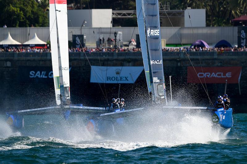 France SailGP Team FRA helmed by Quentin Delapierre and USA SailGP Team USA helmed by Jimmy Spithill in action on Race Day 1 of the Spain Sail Grand Prix in Cadiz, Andalusia, Spain - photo © Ricardo Pinto for SailGP
