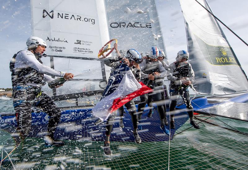 France SailGP Team celebrate on board with Champagne Barons de Rothschild after winning The Spain Sail Grand Prix in Cadiz photo copyright Ricardo Pinto for SailGP taken at  and featuring the F50 class