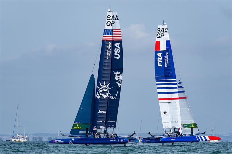 USA SailGP Team helmed by Jimmy Spithill and France SailGP Team helmed by Quentin Delapierre on Race Day 2 of the Spain Sail Grand Prix in Cadiz, Andalusia, Spain photo copyright Bob Martin for SailGP taken at  and featuring the F50 class