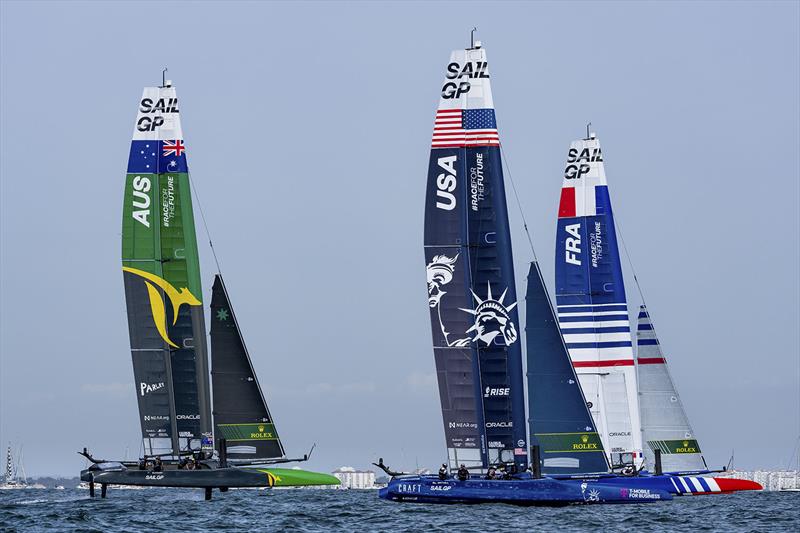 Australia SailGP Team helmed by Tom Slingsby, USA SailGP Team USA helmed by Jimmy Spithill, and France SailGP Team FRA helmed by Quentin Delapierre on Race Day 2 of the Spain Sail Grand Prix in Cadiz, Andalusia, Spain. 25th September photo copyright Bob Martin for SailGP taken at  and featuring the F50 class