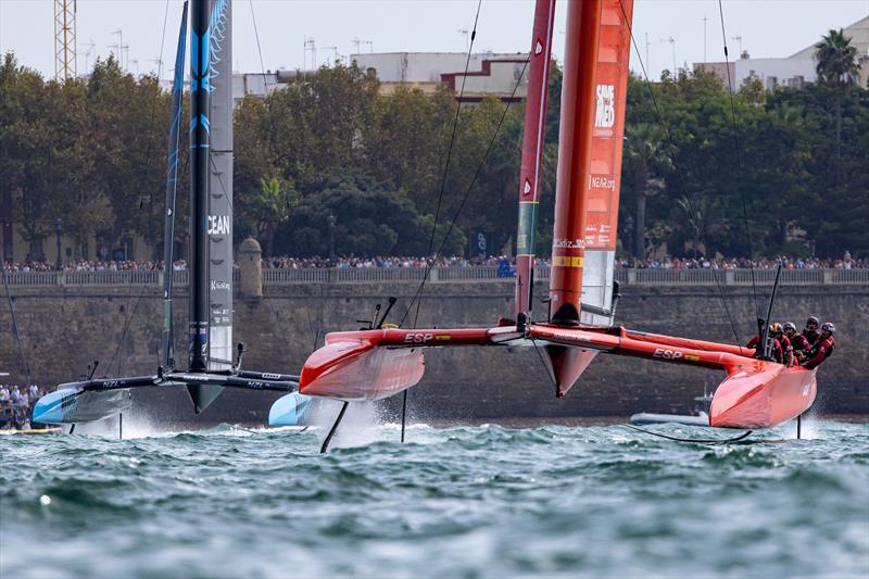 Spain SailGP Team and New Zealand SailGP Team  on Race Day 2 of the Spain Sail Grand Prix in Cadiz, Andalusia, Spain. 25 Sept 2022 photo copyright Felix Diemer/SailGP taken at Real Club Náutico de Cádiz and featuring the F50 class