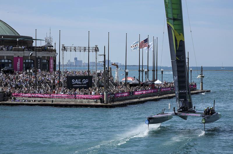 Australia SailGP Team helmed by Tom Slingsby celebrate winning by sailing by spectators on Navy Pier on Race Day 2 of the T-Mobile United States Sail Grand Prix | Chicago at Navy Pier, Lake Michigan, Season 3, in Chicago, Illinois, USA. 19th June - photo © Simon Bruty for SailGP