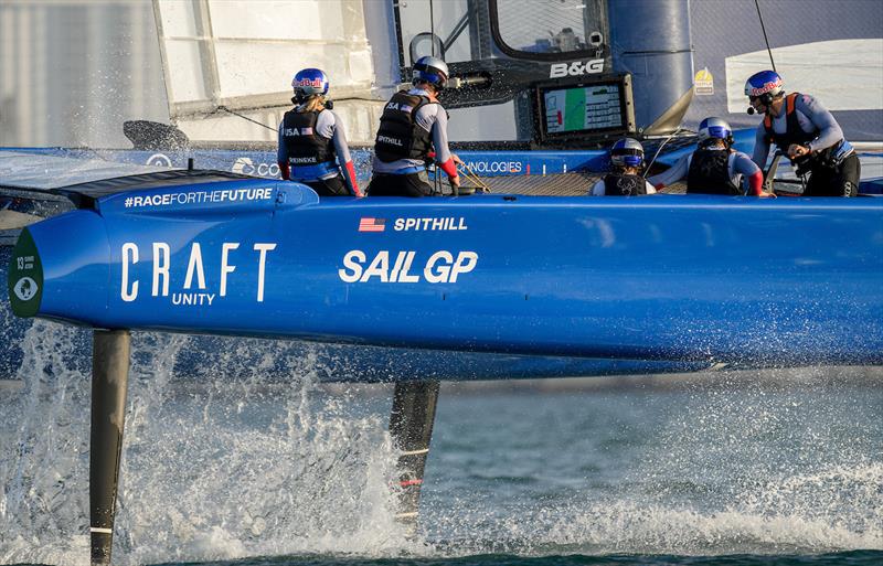 USA SailGP Team helmed by Jimmy Spithill in action during a practice session ahead of the Dubai Sail Grand Prix presented by P&O Marinas in Dubai, United Arab Emirates photo copyright Ricardo Pinto for SailGP taken at  and featuring the F50 class