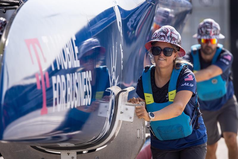 Erika Reineke, strategist of USA SailGP Team, assists with the roll out of the USA SailGP Team F50 catamaran prior to a practice session ahead of the Dubai Sail Grand Prix presented by P&O Marinas in Dubai, United Arab Emirates - photo © Felix Diemer for SailGP