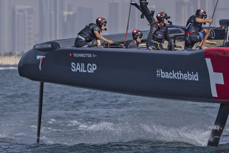 Switzerland SailGP Team helmed by Sebastien Schneiter in action during a practice session ahead of the Dubai Sail Grand Prix presented by P&O Marinas in Dubai, United Arab Emirates photo copyright Felix Diemer for SailGP taken at Dubai Offshore Sailing Club and featuring the F50 class
