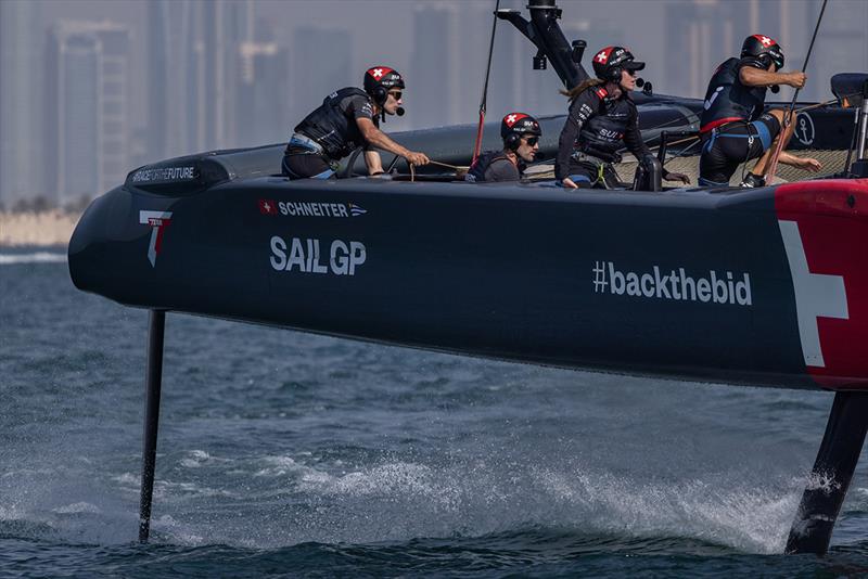Switzerland SailGP Team helmed by Sebastien Schneiter in action during a practice session ahead of the Dubai Sail Grand Prix presented by P&O Marinas in Dubai, United Arab Emirates photo copyright Felix Diemer for SailGP taken at  and featuring the F50 class