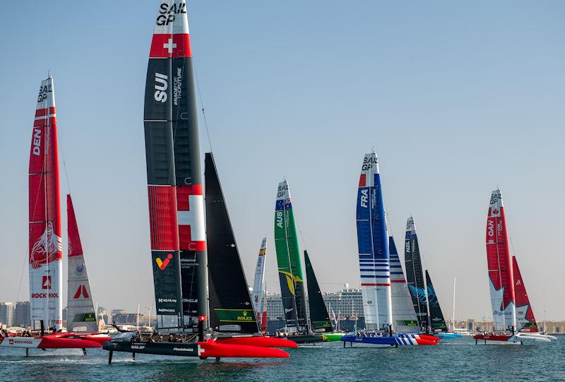 The fleet in action on Race Day 1 of the Dubai Sail Grand Prix presented by P&O Marinas in Dubai, United Arab Emirates photo copyright Ricardo Pinto for SailGP taken at  and featuring the F50 class