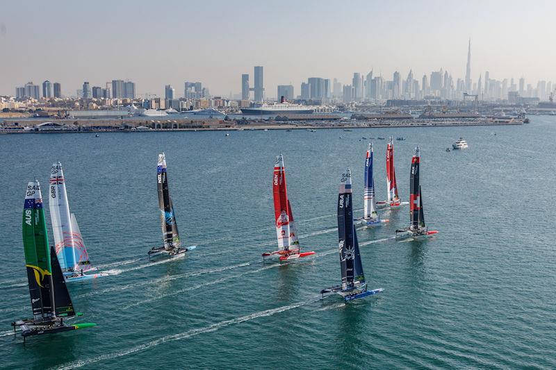 The fleet in action on Race Day 1 of the Dubai Sail Grand Prix presented by P&O Marinas in Dubai, United Arab Emirates photo copyright David Gray for SailGP taken at  and featuring the F50 class