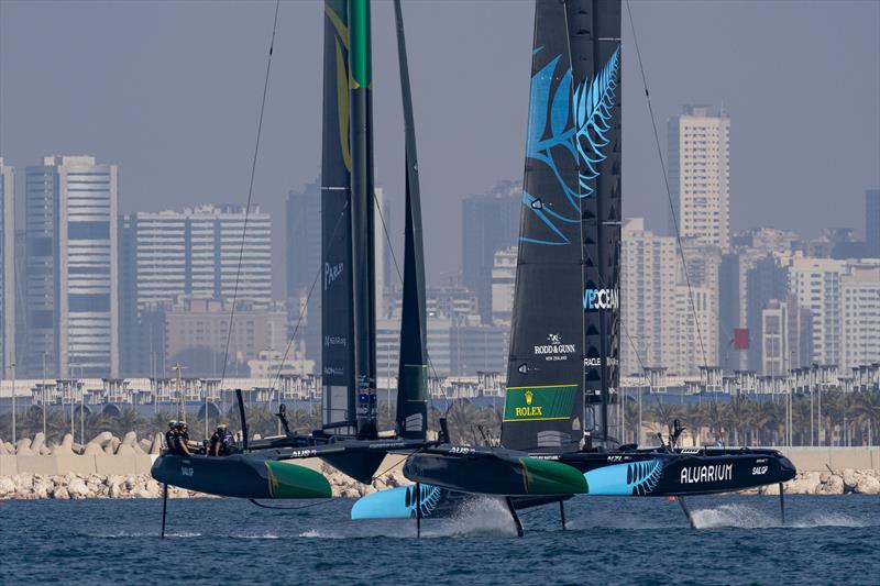 Australia SailGP Team  and New Zealand SailGP Team in action on Race Day 1 of the Dubai Sail Grand Prix - November 12, 2022 photo copyright Felix Diemer/SailGP taken at Dubai Offshore Sailing Club and featuring the F50 class