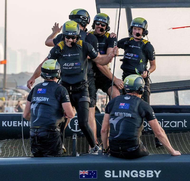 Australia SailGP Team celebrates on board their F50 after their dramatic win in the final match race on Race Day 2 of the Dubai Sail Grand Prix presented by P&O Marinas in Dubai, United Arab Emirates photo copyright Bob Martin for SailGP taken at  and featuring the F50 class