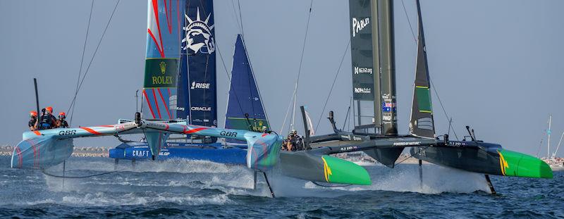 Great Britain SailGP Team helmed by Ben Ainslie, USA SailGP Team helmed by Jimmy Spithill and Australia SailGP Team helmed by Tom Slingsby competing on Race Day 2 of the Dubai Sail Grand Prix presented by P&O Marinas in Dubai, United Arab Emirates - photo © Bob Martin for SailGP