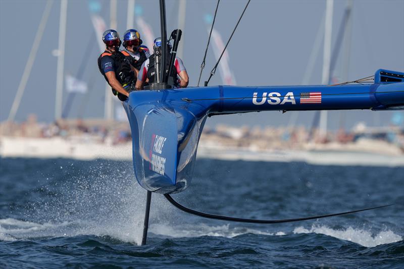 USA SailGP Team helmed by Jimmy Spithill competing on Race Day 2 of the Dubai Sail Grand Prix presented by P&O Marinas in Dubai, United Arab Emirates photo copyright Bob Martin for SailGP taken at  and featuring the F50 class