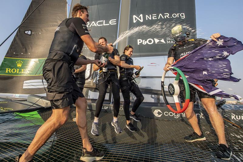 Australia SailGP Team celebrate following their win on Race Day 2 of the Dubai Sail Grand Prix presented by P&O Marinas in Dubai, United Arab Emirates. 13th November photo copyright Ricardo Pinto for SailGP taken at Dubai Offshore Sailing Club and featuring the F50 class