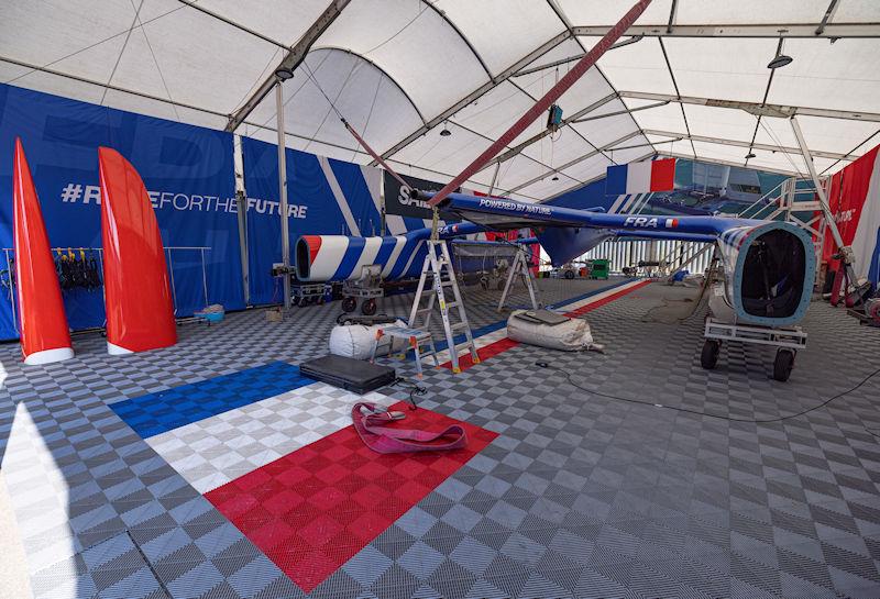 The France SailGP Team F50 catamaran is prepared at the team hangar ahead of the Singapore Sail Grand Prix presented by the Singapore Tourism Board - photo © Felix Diemer for SailGP