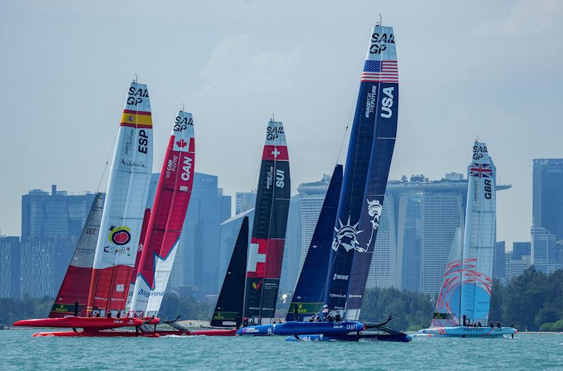 Spain SailGP Team, Canada SailGP Team, Switzerland SailGP Team, USA SailGP Team and Great Britain SailGP Team take part in a practice session against the backdrop of the city skyline ahead of the Singapore Sail Grand Prix - photo © Bob Martin for SailGP