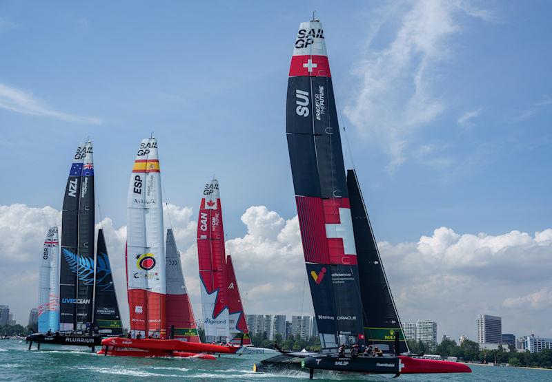 The F50 catamaran fleet does a practice start during a practice session ahead of the Singapore Sail Grand Prix presented by the Singapore Tourism Board - photo © Bob Martin for SailGP