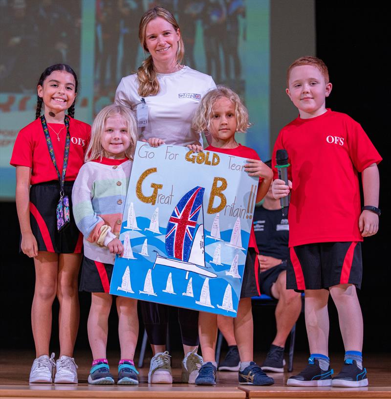Students from the Overseas Family School welcome Hannah Mills, strategist of Great Britain SailGP Team and Global Purpose Ambassador, for a SailGP Inspire event ahead of the Singapore Sail Grand Prix photo copyright Felix Diemer for SailGP taken at  and featuring the F50 class