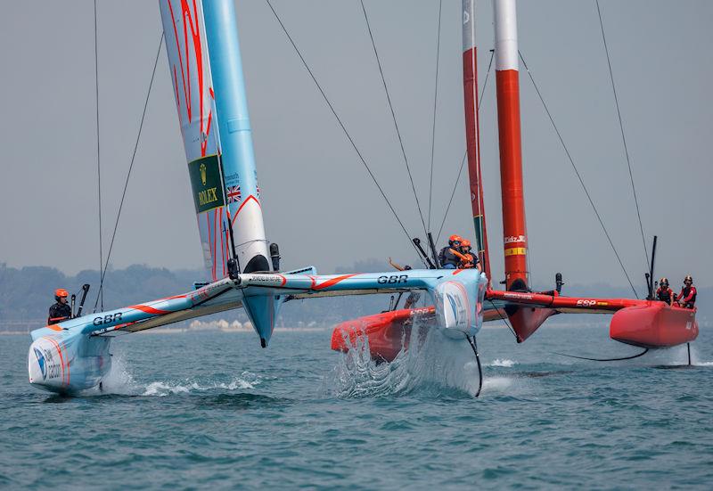 Great Britain SailGP Team helmed by Ben Ainslie ahead of Spain SailGP Team helmed by Jordi Xammar in light winds on Race Day 1 of the Singapore Sail Grand Prix presented by the Singapore Tourism Board - photo © Ian Walton for SailGP.