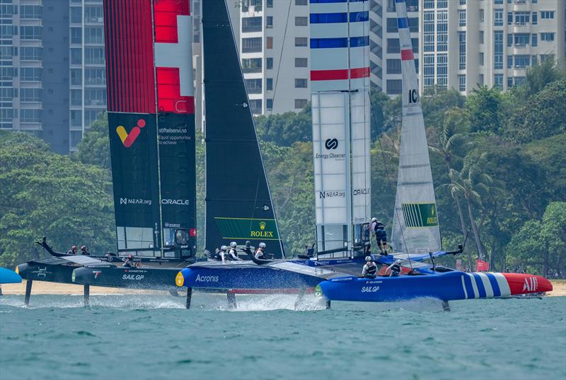 Switzerland SailGP Team in action with France SailGP Team on Race Day 2 of the Singapore Sail Grand Prix  - photo © Eloi Stichelbaut/SailGP.