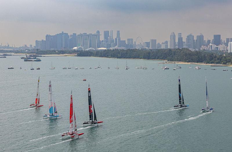 The SailGP fleet in action with the city skyline in the background on Race Day 2 of the Singapore Sail Grand Prix presented by the Singapore Tourism Board - photo © Ian Walton for SailGP