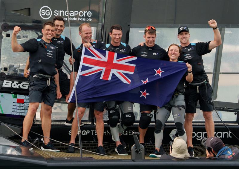 New Zealand SailGP crew with their national flag on board their F50 after winning the final race on Race Day 2 of the Singapore Sail Grand Prix  - photo © Bob Martin/SailGP