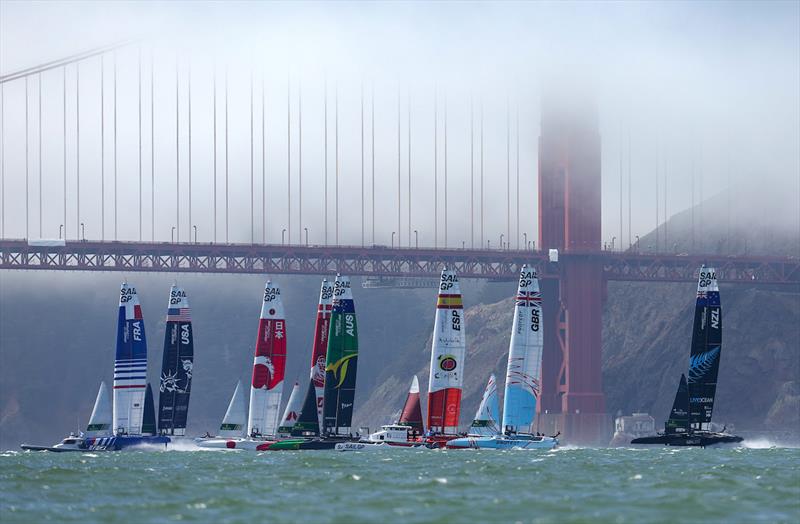 The F50 felt racing past the Golden Gate Bridge on Race Day 1 of San Francisco SailGP, Season 2 in San Francisco, USA photo copyright Jed Jacobsohn for SailGP taken at  and featuring the F50 class