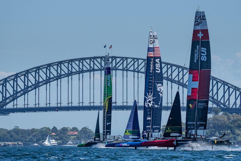 Switzerland SailGP Team helmed by Sebastien Schneiter, USA SailGP Team helmed by Jimmy Spithill and Australia SailGP Team helmed by Tom Slingsby practice a start during a practice session ahead of the KPMG Australia Sail Grand Prix photo copyright Bob Martin for SailGP taken at  and featuring the F50 class