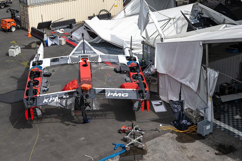 View of the aftermath of the storm at the technical area following racing on Race Day 1 of the KPMG Australia Sail Grand Prix in Sydney, Australia photo copyright Ricardo Pinto for SailGP taken at  and featuring the F50 class