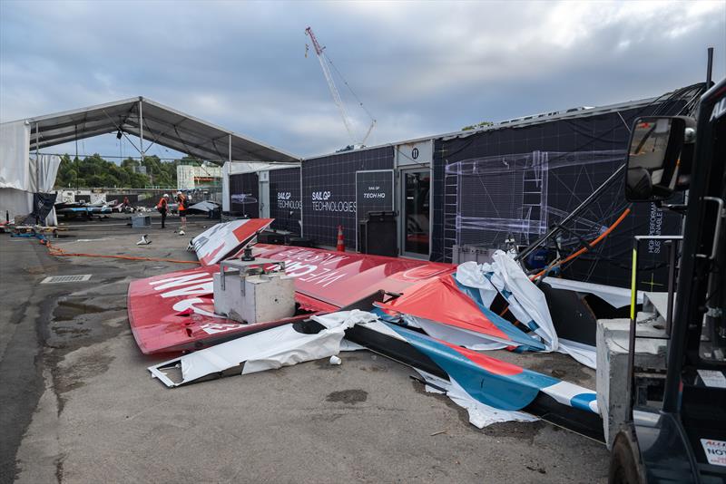View of the damaged wing of the Canada SailGP Team F50 catamaran at the technical area following the storm after racing on Race Day 1 of the KPMG Australia Sail Grand Prix  photo copyright Ricardo Pinto/SailGP taken at Royal Sydney Yacht Squadron and featuring the F50 class