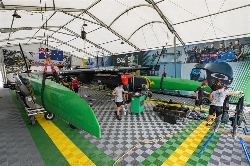 View of the Australia SailGP Team F50 catamaran inside the team hangar following the storm after racing on Race Day 1 of the KPMG Australia Sail Grand Prix in Sydney - photo © Ricardo Pinto/SailGP