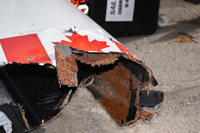 Detail of the damage to the Canada SailGP Team F50 catamaran following the storm after racing on Race Day 1 of the KPMG Australia Sail Grand Prix - photo © Ricardo Pinto/SailGP