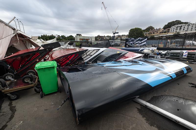 View of the aftermath of the storm at the technical area following racing on Race Day 1 of the KPMG Australia Sail Grand Prix photo copyright Ricardo Pinto/SailGP taken at Royal Sydney Yacht Squadron and featuring the F50 class