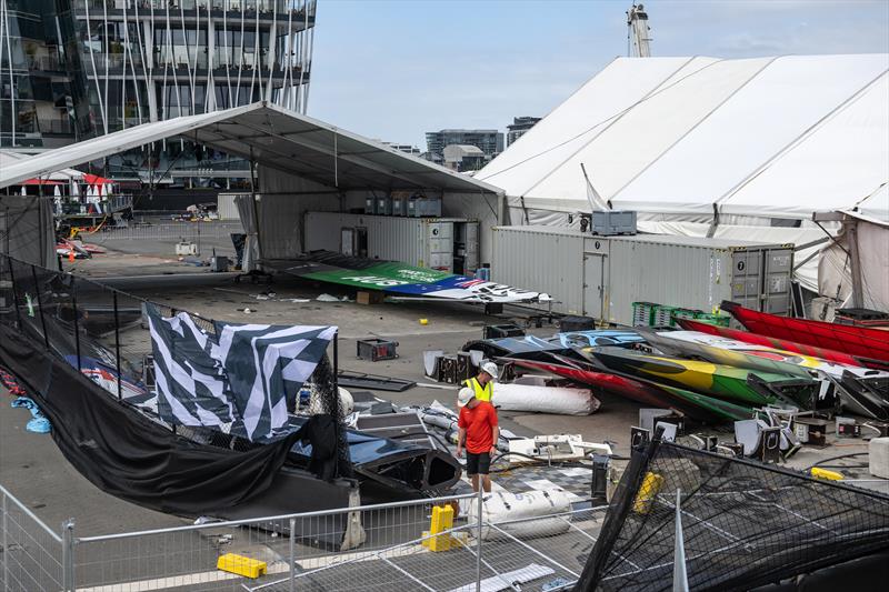View of the aftermath of the storm at the technical area following racing on Race Day 1 of the KPMG Australia Sail Grand Prix photo copyright Ricardo Pinto/SailGP taken at Royal Sydney Yacht Squadron and featuring the F50 class