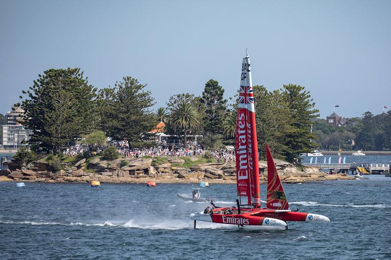 Emirates Great Britain SailGP Team helmed by Ben Ainslie sail past Genesis Island on Race Day 1 of the KPMG Australia Sail Grand Prix in Sydney, Australia - photo © Chris Elfes for SailGP