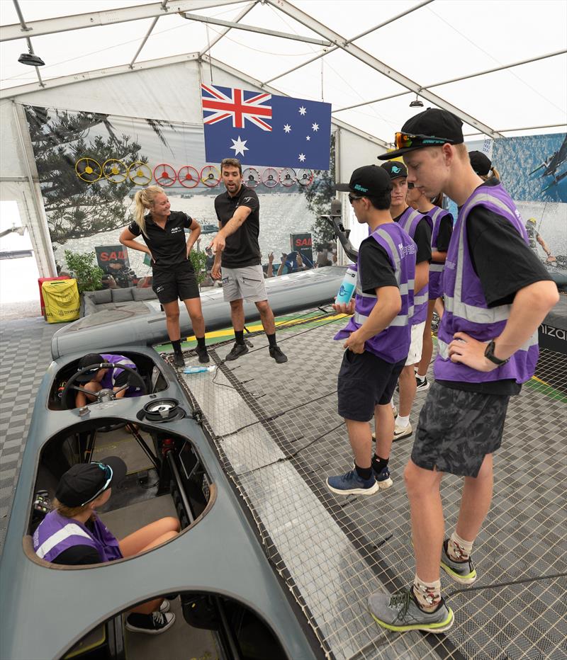 Jason Waterhouse and Tash Bryant of Australia SailGP Team explain the workings of the F50 catamaran to SailGP Inspire Careers candidates in Sydney - photo © Chloe Knott/SailGP