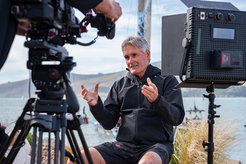 Sir Russell Coutts, SailGP CEO, is interviewed by Sky Sports and Newshub ahead of the ITM New Zealand Sail Grand Prix in Christchurch, New Zealand photo copyright Adam Warner/SailGP taken at Naval Point Club Lyttelton and featuring the F50 class